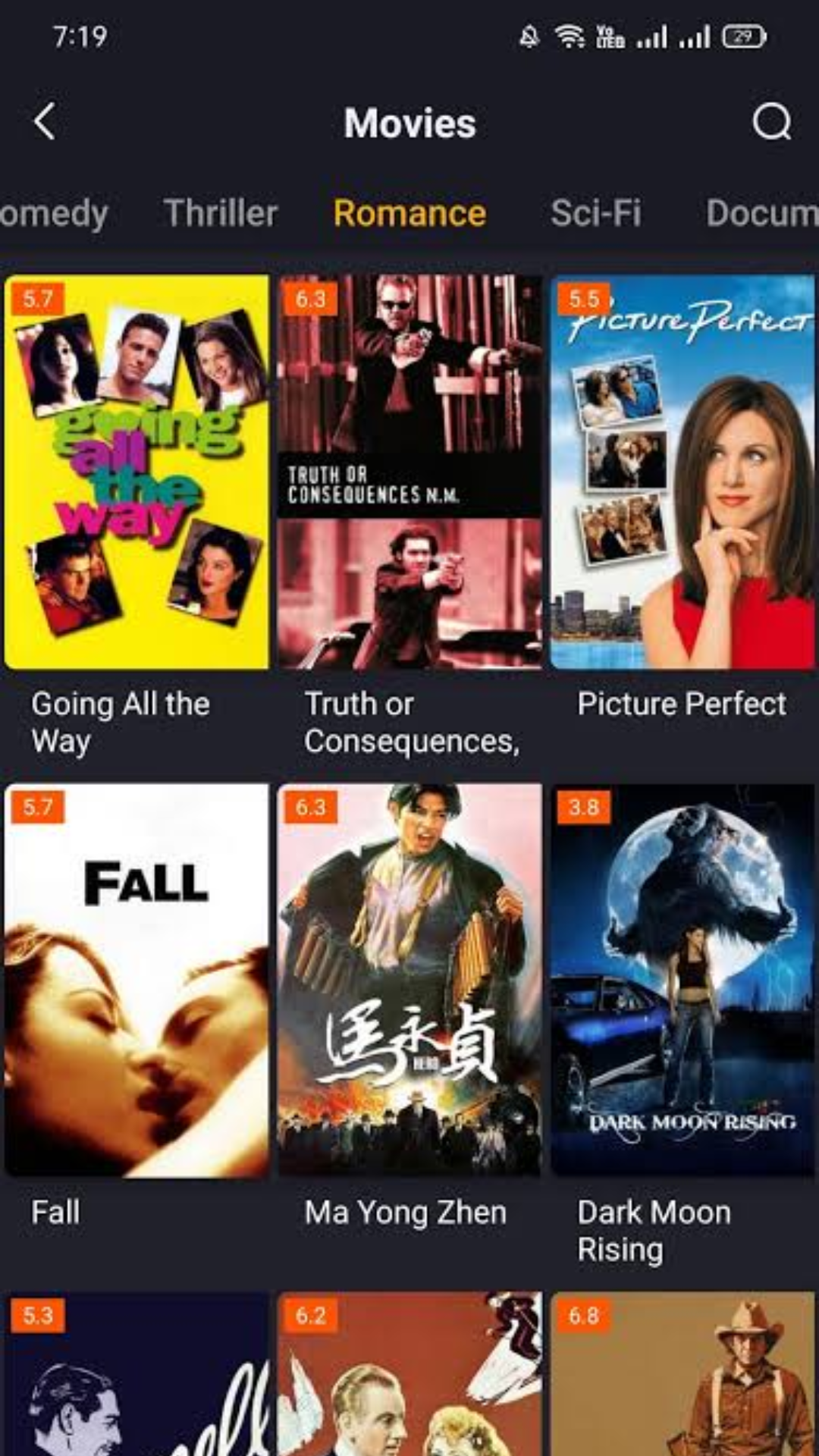 Grade de filmes no Youcine APK